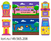 Screen of start and over game, gambling colorful machine, race and space war. Duel of dragon and unicorn heroes, dark view of platform, player vector, gaming pixel 8 bit computer machinery. Pixel Game Set, Duel of Heroes, Machine Vector. Стоковая иллюстрация, агентство Ingram Publishing / Фотобанк Лори