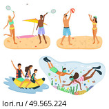 Snorkeling man and woman scuba diving hobby vector. People playing by seaside coast, beach with hot sand, banana boat ride, active holidays flat style. Summertime activity. Tennis Players, Volleyball and Diving Snorkeling. Стоковая иллюстрация, агентство Ingram Publishing / Фотобанк Лори