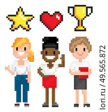 Pixel character, women full length view with power symbols heart, star and award, choosing superhero, pixelated interface, element of game vector. Superhero Female, Power Sign, Pixel Game Vector. Стоковая иллюстрация, агентство Ingram Publishing / Фотобанк Лори