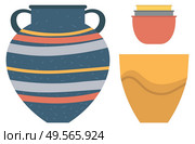 Pottery kitchenware, vase, clay bowls and flower pot isolated on white. Vector striped crockery container, ancient archaeological finds, ceramics. Pottery Kitchenware. Vase, Clay Bowls, Flower Pot. Стоковая иллюстрация, агентство Ingram Publishing / Фотобанк Лори