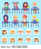 Pupils boys and girls learning disciplines vector, school lesson. Children with books and textbooks reading and writing, schoolboy and schoolgirl studying. Back to school concept. Flat cartoon. Lesson at School, Classmates Sitting by Desks. Стоковая иллюстрация, агентство Ingram Publishing / Фотобанк Лори