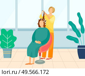 Professional hairdresser making hairstyle for female client in beauty salon. Stylist curling hair with hot rollers. Customer gets a haircut. Set of curlers. Flat cartoon. Hairdresser Making Hairstyle for Female Client. Стоковая иллюстрация, агентство Ingram Publishing / Фотобанк Лори