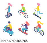 Teenagers using eco transport vector, isolated man and woman riding bikes and scooters wearing helmets. People commuting destination flat style character. Eco Transportation, Bicycles and Scooters Boards. Стоковая иллюстрация, агентство Ingram Publishing / Фотобанк Лори