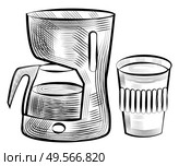 Coffee beverage poured in plastic cup vector, monochrome sketch outline set. Colorless drink in coffeemaker machine with glass pot flat style takeout. Coffee Making Machine and Plastic Cup Monochrome. Стоковая иллюстрация, агентство Ingram Publishing / Фотобанк Лори