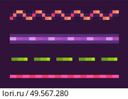 Set of colorful lines on purple, neon dotted and wavy-line, shooting element of space pixel game, shiny laser collection, squared light or burst vector, pixelated cosmic object for mobile app games. Neon Lines Set, Space Pixel Game, Shoot Vector. Стоковая иллюстрация, агентство Ingram Publishing / Фотобанк Лори