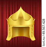 Golden middle age knight helmet. Ancient armour, medieval warrior, historical iron protection for head and face. Great Helm, antique symbols vector. Red curtain theater background. Medieval Golden Knight Armour Helmet Vector. Стоковая иллюстрация, агентство Ingram Publishing / Фотобанк Лори