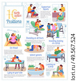 Birth active positions, information pregnant women. Supported squats, on fitball, standing on all fours, kneeling leaning prop in hospital water genera. Childbirth labor positions and postures at home. 10 Birth Active Positions Poster Pregnancy Info. Стоковая иллюстрация, агентство Ingram Publishing / Фотобанк Лори