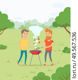 People relaxing on weekends vector, male friends drinking beer and roasting meat. BBQ picnic on nature, foliage and greenery active leisure cooking. Funny spending time on harvest festival. Friends Roasting Meat BBQ in Forest Park Weekends. Стоковая иллюстрация, агентство Ingram Publishing / Фотобанк Лори