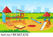 Park in city vector, yard for kids, cityscape with high buildings and skyscrapers. Kindergarten playground, sandbox and carousel, construction with ropes. Playground for Kids Cityscape, City Yard Park. Стоковая иллюстрация, агентство Ingram Publishing / Фотобанк Лори