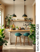 Contemporary kitchen interior showcasing clean lines, natural lighting, wooden furniture, and lush greenery for a trendy and inviting ambiance. Стоковое AI-изображение, AI-художник Анна Маркина / Фотобанк Лори
