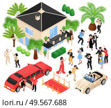 Celebrities isometric set of red carpet limousine paparazzi media faces isolated vector illustration. Стоковая иллюстрация, агентство Ingram Publishing / Фотобанк Лори