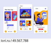 Three travel tourism booking vertical banner set with plan your trip book a taxi and flight ticket and enjoy your trip descriptions vector illustration. Стоковая иллюстрация, агентство Ingram Publishing / Фотобанк Лори