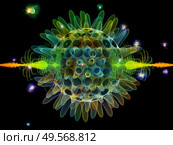 Viral series. Translucent virus particle in abstract microscopic environment. 3D Rendering on subject of Covid-19 epidemic, global pandemic, science, medicine and research. Стоковое фото, агентство Ingram Publishing / Фотобанк Лори