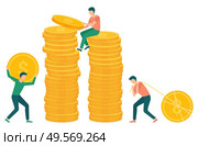 People collecting coins in pile of money. Investors with financial assets, male carrying big dollar gold cash in hands of character. Vector illustration in flat cartoon style. People Pulling Gold Dollar Coin to Pile Money. Стоковая иллюстрация, агентство Ingram Publishing / Фотобанк Лори
