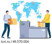 International business, worldwide shipping and delivery flat style characters working on orders fulfillment. Logistics and transportation. Vector illustration in flat cartoon style. Man Working with Parcels and Orders Businessman. Стоковая иллюстрация, агентство Ingram Publishing / Фотобанк Лори