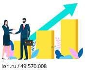 Man and woman handshake of business partners, people by infochart with growing arrow. Successful meeting, companies collaboration achievement. Vector illustration in flat cartoon style. Business Deal, Agreement of Companies Contract. Стоковая иллюстрация, агентство Ingram Publishing / Фотобанк Лори