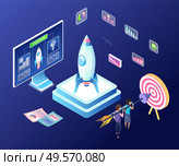 New project launching vector, 3d workers aiming at target holding big arrow, isometric computer monitor with information and rocket, infocharts and infographics. Business Startup, People Working on New Project. Стоковая иллюстрация, агентство Ingram Publishing / Фотобанк Лори