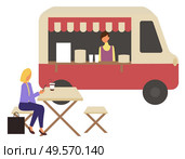 Marketplace, fast food trolley and cafe with takeaway dishes and coffee drinks. Vector woman sitting on chair at table in street restaurant and drinking soda, isolated. Marketplace, Fast Food Trolley and Cafe, Takeaway. Стоковая иллюстрация, агентство Ingram Publishing / Фотобанк Лори