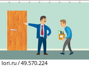 Dismissal of worker vector poster. Boss chuck out clerk employee with box full of personal things pointing by hand on door, office interior design. Dismissal of Worker Vector Poster. Boss Chuck out. Стоковая иллюстрация, агентство Ingram Publishing / Фотобанк Лори