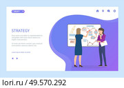 Women in business thinking on strategy and development. Whiteboard with information and infocharts startup with rocket planning next steps. Website or webpage template, landing page flat style. Strategy of Women Working in Office Workplace. Стоковая иллюстрация, агентство Ingram Publishing / Фотобанк Лори