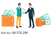 People meeting, partners of business project man and businessman. Wallets filled with banknotes money, cash in purse, financial assets. Vector illustration in flat cartoon style. Business Partners Handshake and Wallets with Money. Стоковое фото, агентство Ingram Publishing / Фотобанк Лори