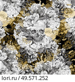 Watercolor card with skulls and different flowers. Not seamless pattern. Illustration. Watercolor card with skulls and different flowers. Not seamless pattern. Стоковое фото, агентство Ingram Publishing / Фотобанк Лори