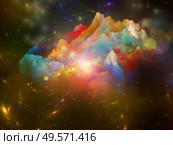 Flying Island .  Island in the Sky series. Background design of 3D rendering of colorful mountains against fractal space on the subject of imagination, space, science fiction and creativity. Стоковое фото, агентство Ingram Publishing / Фотобанк Лори