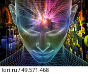 Bright Dreams .  Lucid Mind series. Background design of 3D rendering of glowing wire mesh human face on the subject of artificial intelligence, human consciousness and spiritual AI. Стоковое фото, агентство Ingram Publishing / Фотобанк Лори