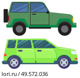 Jeep or pickup vector, isolated set of automobiles with tyre. Driving vehicles of green color, transport in city, transportation in town. Auto illustration in flat style design for web, print. Large Cars Hotroad Automobile Green Pickup Jeep. Стоковая иллюстрация, агентство Ingram Publishing / Фотобанк Лори