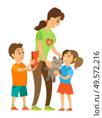 Smiling woman volunteer giving teddy to little girl, boy holding book, caring to orphans, portrait view of assistance and children, volunteering . Vector illustration in flat cartoon style. Volunteer Sharing to Orphans, Children Vector. Стоковая иллюстрация, агентство Ingram Publishing / Фотобанк Лори