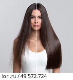 Transforming hair texture through styling for a sleek look. Преображение текстуры волос с помощью укладки для создания гладкого образа. Стоковое AI-изображение, AI-художник Katsiaryna Repich / Фотобанк Лори