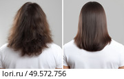 Transforming frizzy hair into sleek and smooth style in a salon setting. Превращение вьющихся волос в гладкую и ровную укладку в условиях салона. Стоковое AI-изображение, AI-художник Katsiaryna Repich / Фотобанк Лори