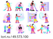 Deep spring cleaning flat set with wardrobe clothing decluttering dusting shelves washing windows vacuum cleaning vector illustration. Стоковая иллюстрация, агентство Ingram Publishing / Фотобанк Лори