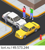 Insurance isometric composition with road intersection outdoor scenery and collision of cars with shocked driver characters vector illustration. Стоковая иллюстрация, агентство Ingram Publishing / Фотобанк Лори
