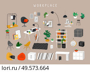 Set for workplace or home office with stylish comfy furniture and modern home decorations in trendy Scandinavian or hygge style. Cozy Interior furnished home plants. Flat cartoon vector illustration. Set for workplace or home office with stylish comfy furniture and modern home decorations in trendy Scandinavian or hygge style. Cozy Interior furnished home plants. Flat cartoon vector. Стоковая иллюстрация, агентство Ingram Publishing / Фотобанк Лори