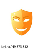 Mask with smile on face, comedy performance in theater isolated icon, golden disguise worn by actors and artists on concerts mood expression. Vector illustration in flat cartoon style. Smiling Mask, Happy Face with Smile Theater Icon. Стоковая иллюстрация, агентство Ingram Publishing / Фотобанк Лори