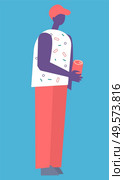Man holding can, isolated on blue background. Guy wearing red pants, colorful t-shirt and cap with some drink. Garbage sorting. Vector illustration in flat cartoon style. Man Holding Can, Garbage Sorting Vector Image. Стоковая иллюстрация, агентство Ingram Publishing / Фотобанк Лори