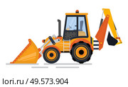 Backhoe loader, side view of digger, vehicle with big wheels and blade. Tractor construction equipment, excavator machine, backhoe transport vector. Backhoe Transport, Tractor Construction Vector. Стоковая иллюстрация, агентство Ingram Publishing / Фотобанк Лори