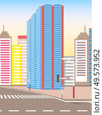 Town with buildings and empty street, 3d look of city road and houses. Sunshine cityscape. Skyline, crossroad with zebra. Cityscape with houses facades. Ubran landscape. Flat cartoon. Modern City Street, Realistic Tranquil Town Look. Стоковая иллюстрация, агентство Ingram Publishing / Фотобанк Лори