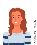 Woman in striped sweater isolated cartoon character. Vector smiling lady closeup, portrait view of girl, avatar userpic, personal profile of business female. Woman Closeup Isolated Cartoon Character Portrait. Стоковая иллюстрация, агентство Ingram Publishing / Фотобанк Лори
