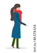 Woman wearing coat and scarf isolated character. Side view of woman with ponytail walking outdoor in winter season. Tourist female in casual clothes standing outside in cold weather vector. Girl in Coat Walking, Frost Winter Season Vector. Стоковая иллюстрация, агентство Ingram Publishing / Фотобанк Лори
