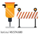 Construction on road vector, isolated auger and stop sign. Wooden board with stripes and lights, drill instrument, building and renovations flat style. Auger and Road Stop Sign, Construction and Fix. Стоковая иллюстрация, агентство Ingram Publishing / Фотобанк Лори