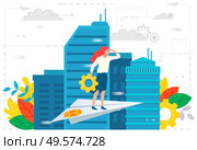 Manager flying, business career, building construction. Company success, developer character and skyscraper, worker progress, leadership symbol vector. Business woman leader. Business Ambitions, Employee Leadership Vector. Стоковая иллюстрация, агентство Ingram Publishing / Фотобанк Лори