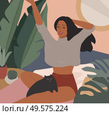 Happy cute girl have nice mood in the morning in bed and resting with cat. Feminine Daily life by young woman in bedroom with homeplants. Cartoon vector illustration. Happy cute girl having breakfast in the morning after bath, read the newspaper and resting with cat. Feminine Daily life by young woman in home interior with homeplants. Cartoon vector. Стоковая иллюстрация, агентство Ingram Publishing / Фотобанк Лори