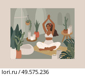 Cute girl doing yoga poses. Lifestyle by young woman in home interior with homeplants. Fashion illustration by femininity, beauty and mental health. Feminine cartoon illustration. Cute girl doing yoga poses. Lifestyle by young woman in home interior with homeplants. Fashion illustration by femininity, beauty and mental health. Feminine cartoon. Стоковая иллюстрация, агентство Ingram Publishing / Фотобанк Лори