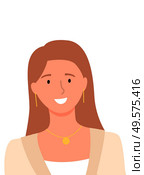 Smiling woman, userpic of online consultant or helper, female avatar isolated on white. Vector pretty long hair girl with necklace and earrings, portrait view. Smiling Woman, Userpic of Online Consultant Helper. Стоковая иллюстрация, агентство Ingram Publishing / Фотобанк Лори