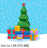 Christmas holidays, pine tree with presents. Winter landscape with spruce decorated with baubles and star on top. Snowfall and firtree with gifts in decorative boxes with ribbons flat style vector. Christmas and Winter Holidays, Pine with Gifts. Стоковая иллюстрация, агентство Ingram Publishing / Фотобанк Лори