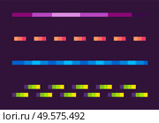 Set of colorful lines on purple, neon dotted and wavy-line, shooting element of space pixel game, shiny laser collection, squared light or burst vector, pixelated cosmic object for mobile app games. Neon Lines Set, Space Pixel Game, Shoot Vector. Стоковая иллюстрация, агентство Ingram Publishing / Фотобанк Лори