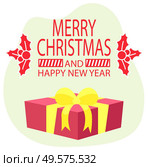 Merry christmas and happy new year celebration of winter holidays. Greeting card with present in box. Wrapper container tied with yellow ribbon bow. Mistletoe and inscription vector in flat style. Merry Christmas and Happy New Year Greeting Card. Стоковая иллюстрация, агентство Ingram Publishing / Фотобанк Лори