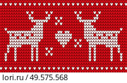 Deer with horns embroidery on red background vector. Moose or stag with hearts and stars or glowing snowflakes. Decoration of clothes and knitwear. Print for Christmas celebration flat style. Deer and Heart Red Embroidery for Christmas Vector. Стоковая иллюстрация, агентство Ingram Publishing / Фотобанк Лори